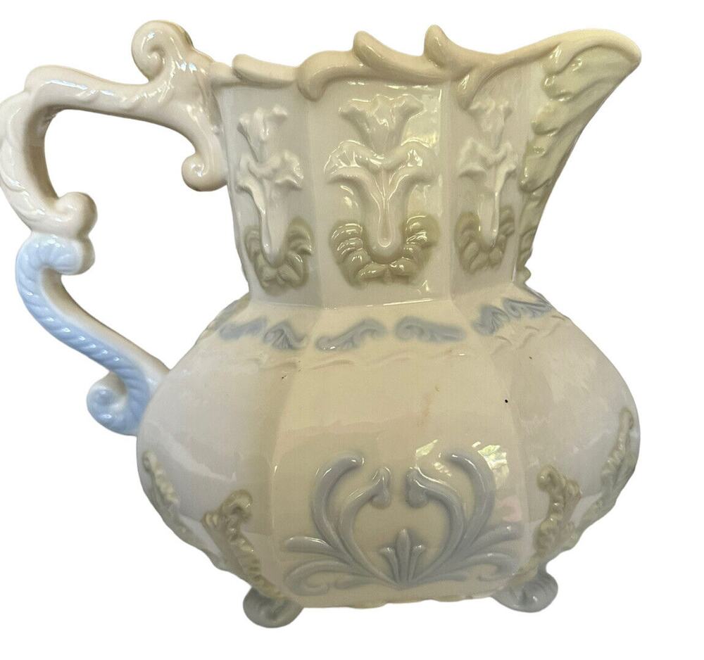 Stunning Capodimonte Italy Beverage Jug Pitcher Decorated Relief Octagon Shape